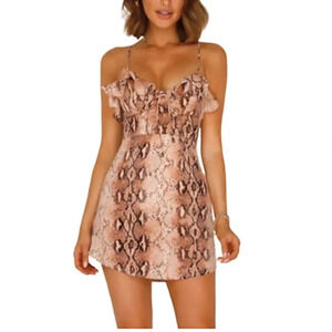 Here Comes The Sun snake skin print mini dress, brown tan cream. Women’s size S